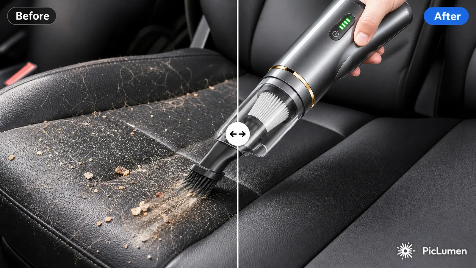 Mini car vacuum cleaning crumbs and pet hair off a leather seat, before and after