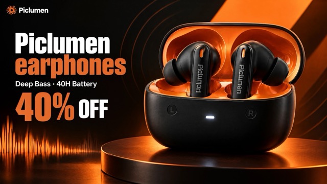 Piclumen wireless earphones poster with deep bass, 40H battery, and 40% OFF.