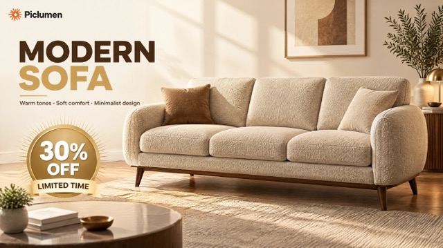 Modern sofa poster with 30% OFF limited-time sale badge.