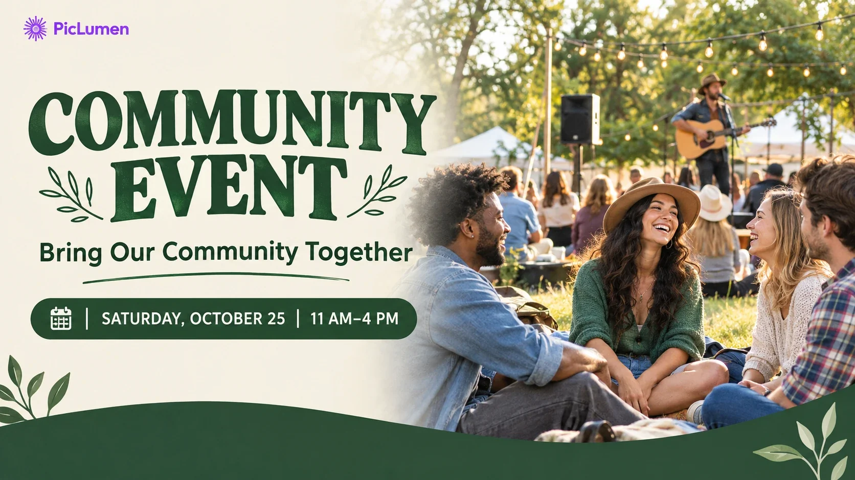PicLumen Event Poster featuring a lively outdoor community gathering, warm string lights, and elegant green typography.