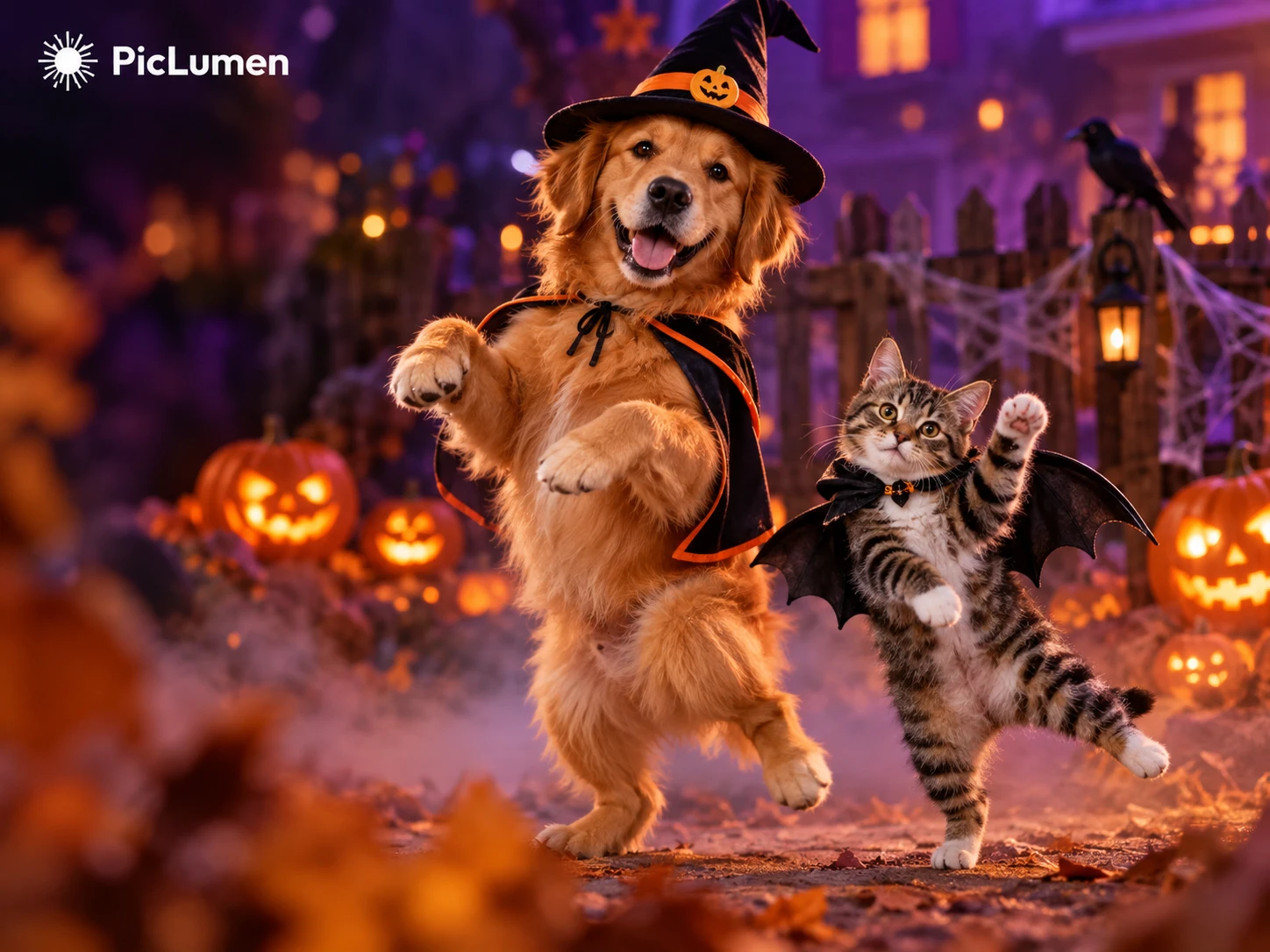 PicLumen Halloween AI Dance video thumbnail featuring a golden retriever in a witch hat and cat in bat wings dancing together.