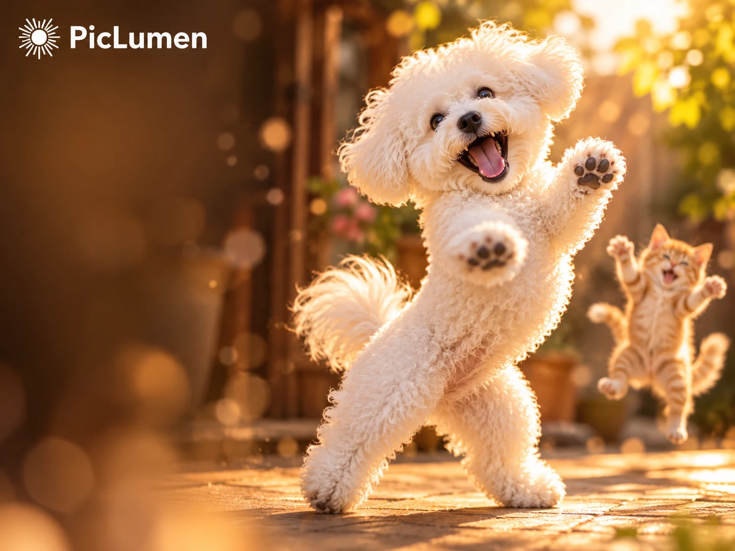 A fluffy white dog playfully dancing on its hind legs in golden sunlight while a small orange kitten jumps in the background, with a white PicLumen logo on the top left.