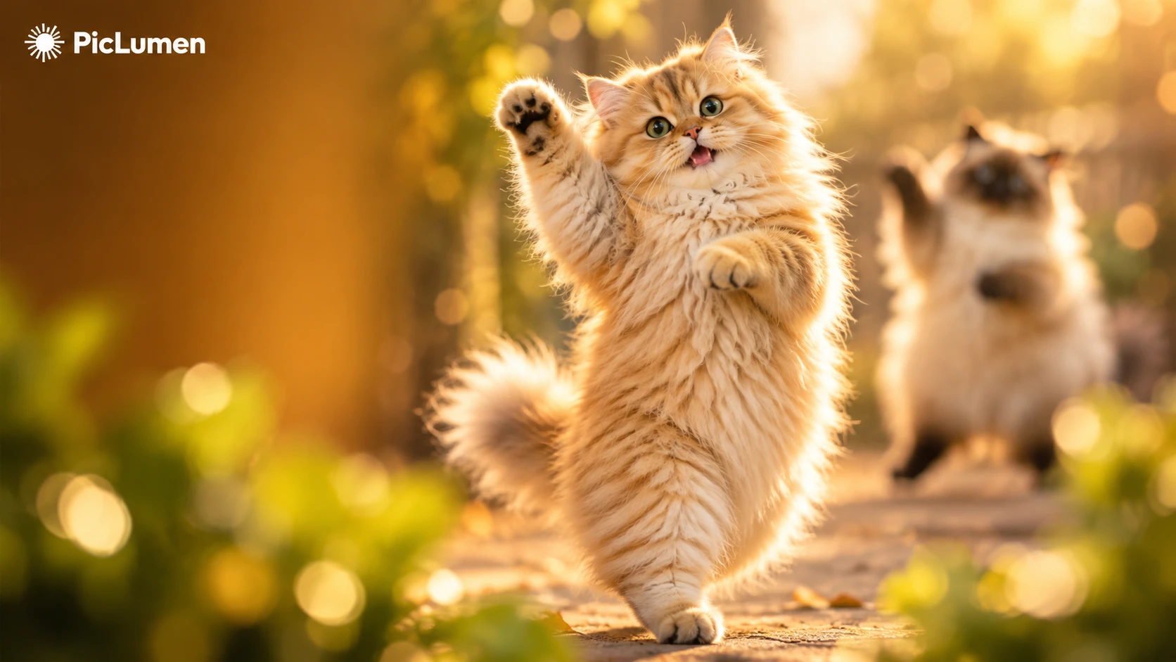 A fluffy golden cat playfully dancing on its hind legs in warm sunlight while a blurred Siamese cat dances in the background, with a white PicLumen logo on the top left.