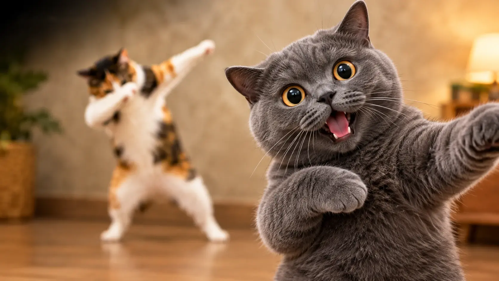 Um gato cinza faz pose para selfie enquanto um gato malhado faz o passo dab em um vídeo com IA do PicLumen.