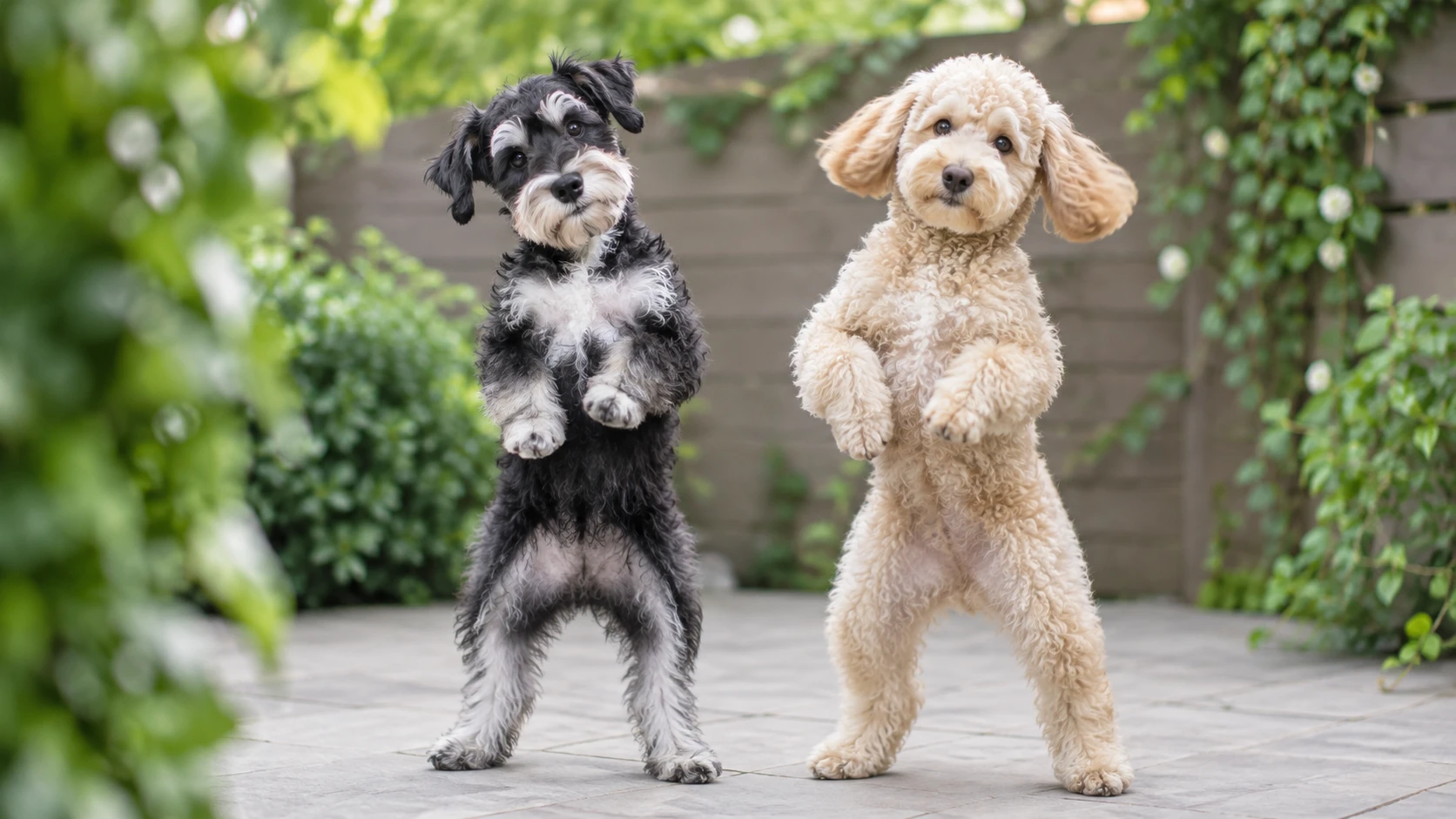 Dois cães, um mestiço de schnauzer preto e branco e um doodle de pelagem creme, dançam em sincronia sobre as patas traseiras em um quintal, em um vídeo Smalltown Boy AI Dance.