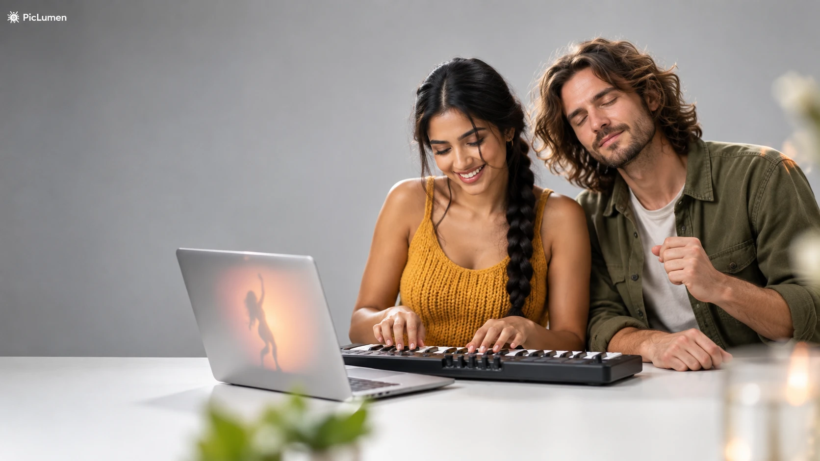 Smiling duo plays MIDI keyboard beside a laptop showing a dancing silhouette, Alors on Danse AI video generator