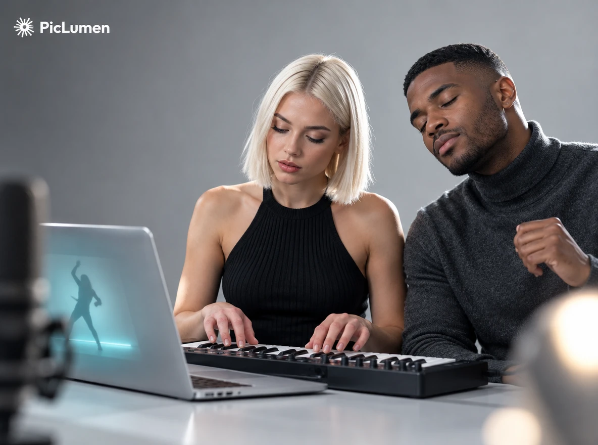 Focused duo plays MIDI keyboard as laptop shows a dancing silhouette, Alors on Danse AI video generator