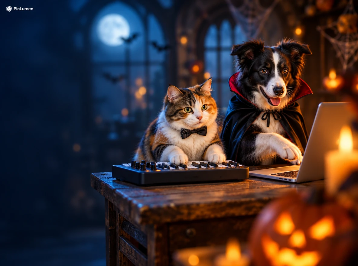 Calico cat and border collie in a vampire cape at a keyboard and laptop, Halloween Alors on Danse AI video generator
