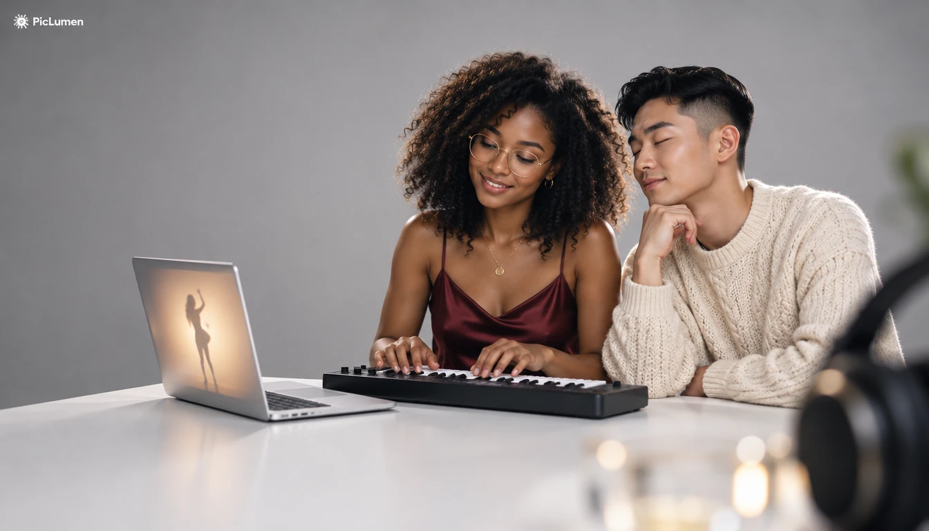 Duo plays MIDI keyboard as laptop shows dancing silhouette, Alors on Danse AI video generator