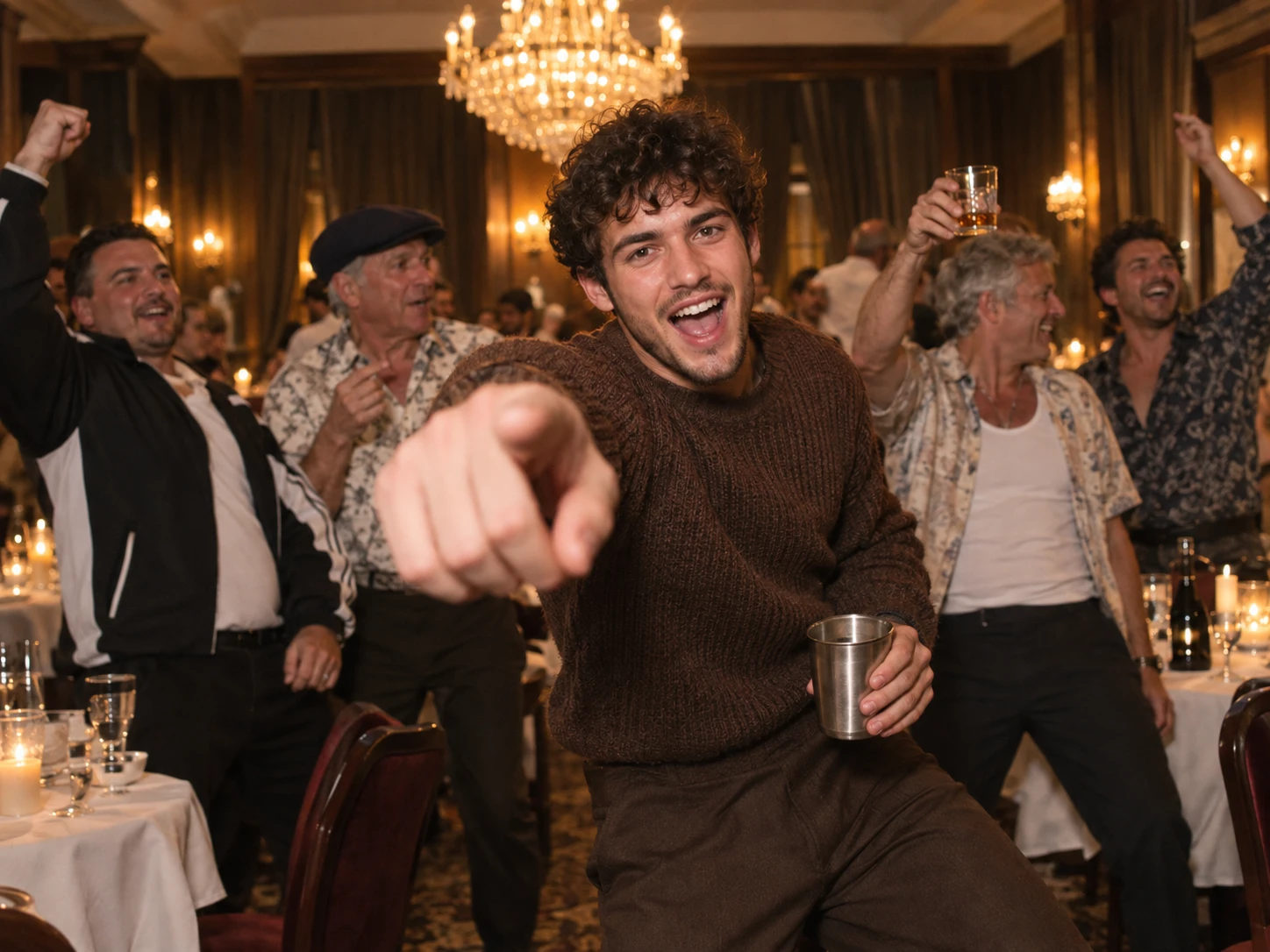 一位开心的年轻男子指向镜头,与朋友们在派对上庆祝。