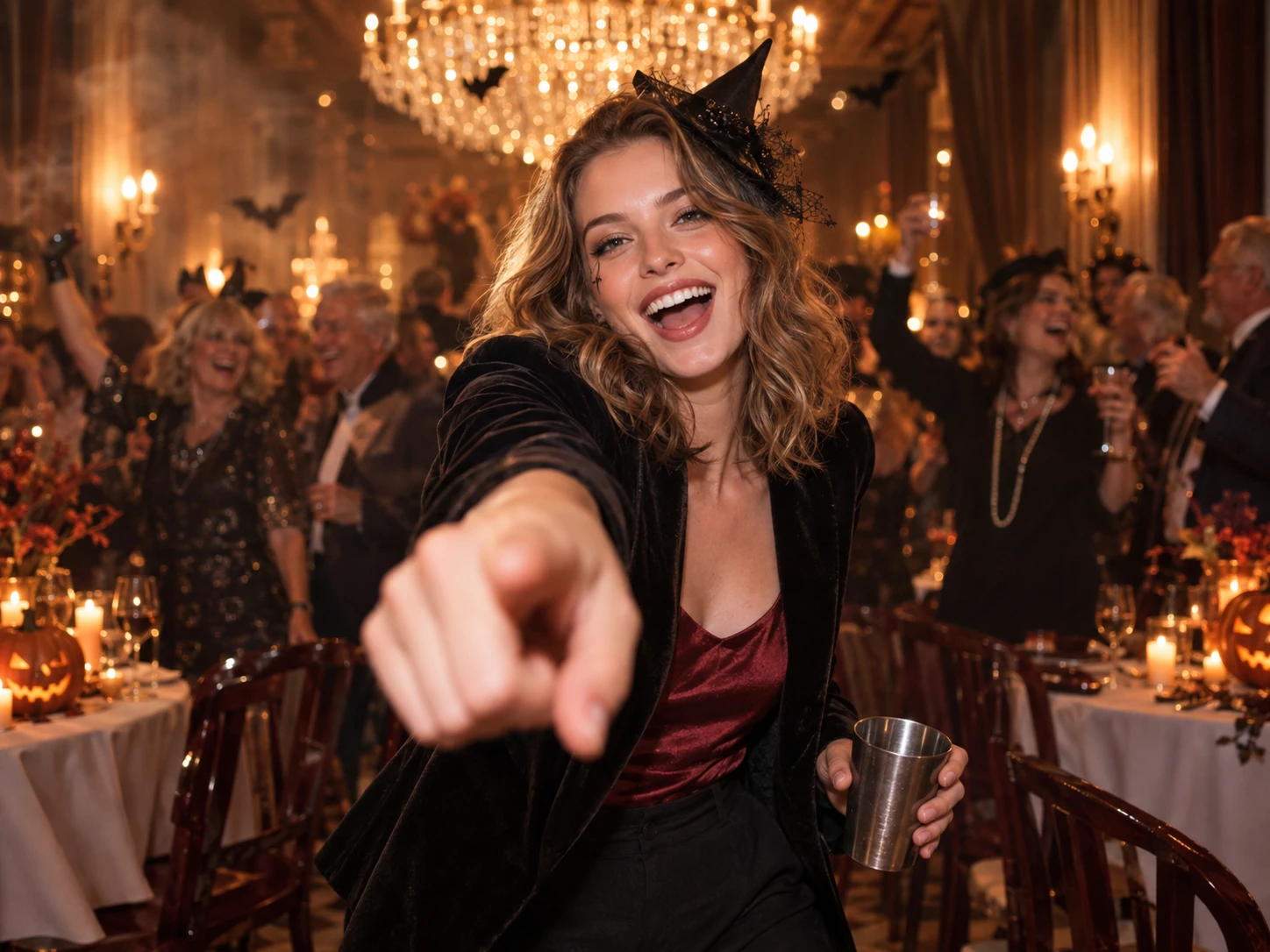 Smiling woman in witch hat pointing at the camera and celebrating at a Halloween party.