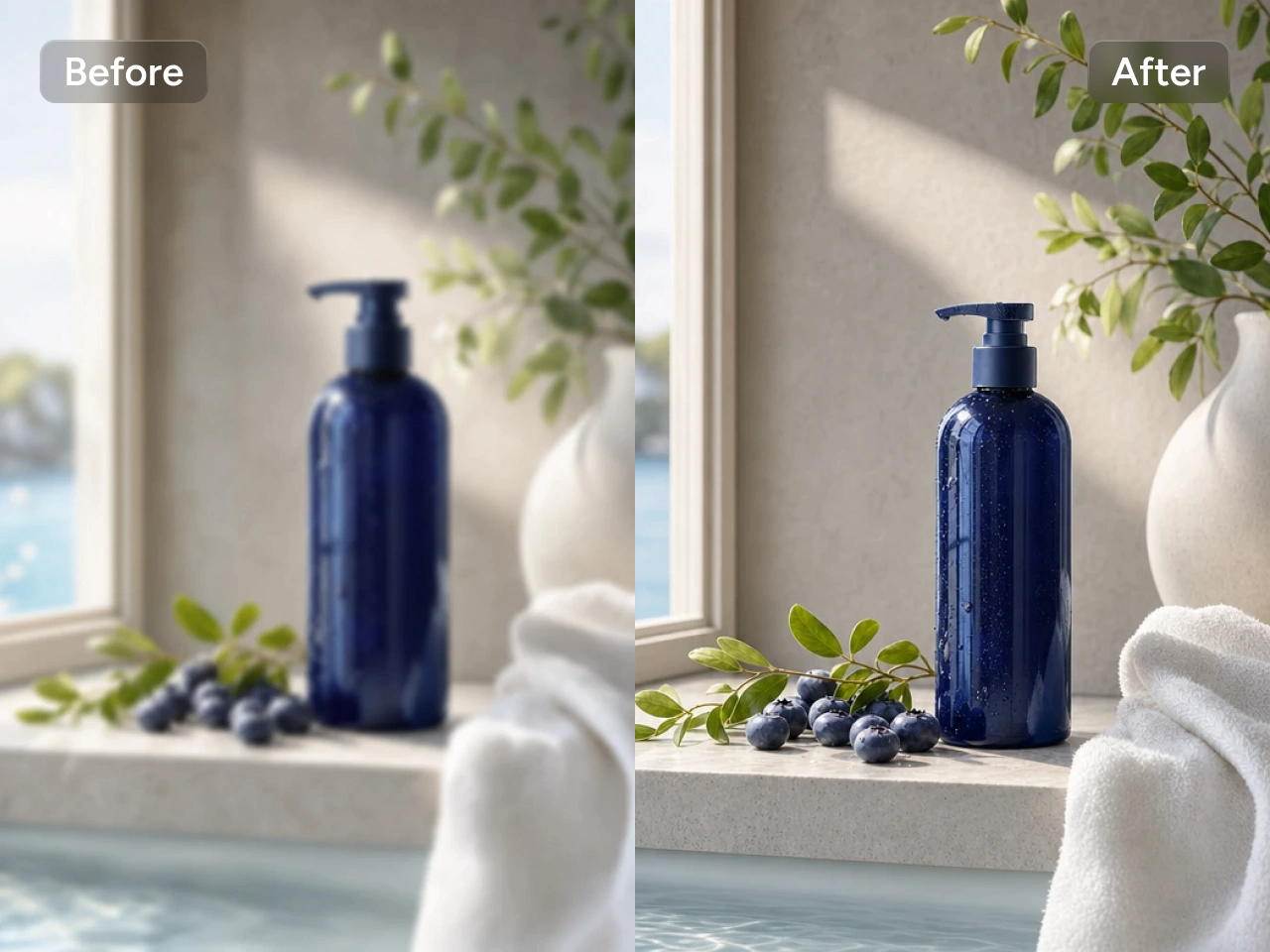 Eine blaue Flasche vor und nach der Vergrößerung für einen Onlineshop