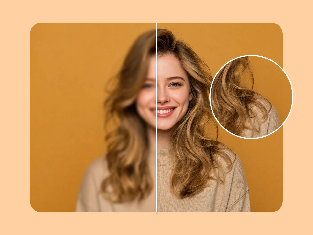 Eine lächelnde Frau mit einer vergrößerten Ansicht ihrer scharfen Haardetails