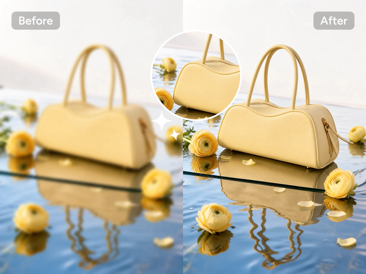 Eine gelbe Handtasche vor und nach der Vergrößerung mit einer Detailansicht