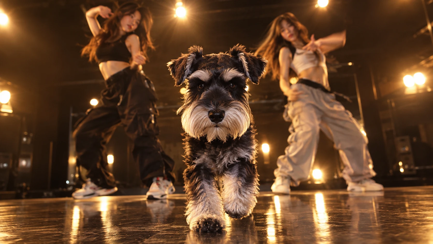 Dog transformed into a dancing diva with an AI video effect.