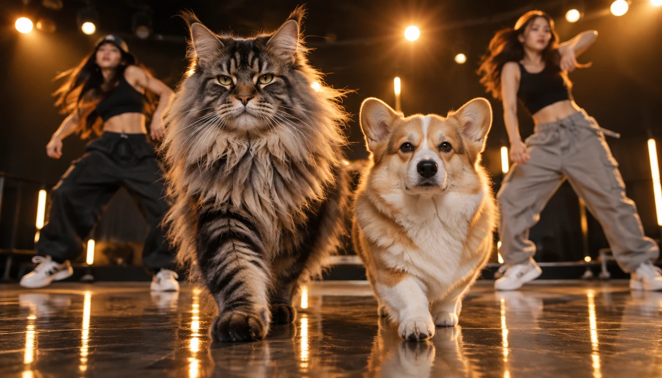 Cat and dog featured in a Pet Diva Dance AI video effect.