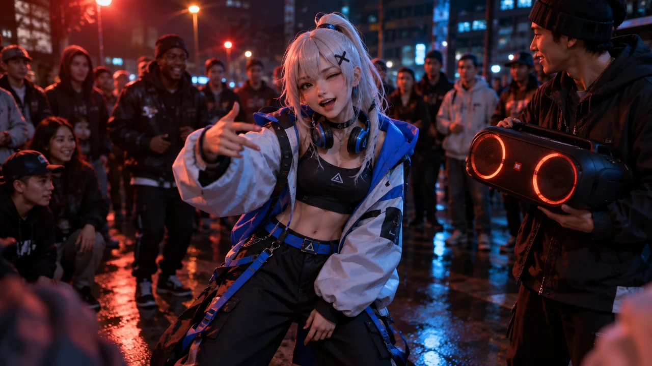 A confident anime girl in techwear street dancing on a wet pavement under vibrant neon lights, surrounded by a crowd.
