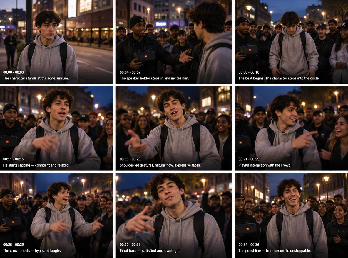 A cinematic storyboard of a young man confidently freestyling in a nighttime street rap circle.