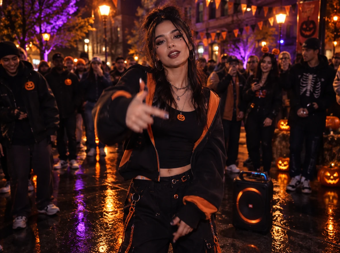 A vibrant young woman street dancing on Halloween night, surrounded by a crowd, with neon lights and glowing jack-o'-lanterns reflecting on the wet pavement.