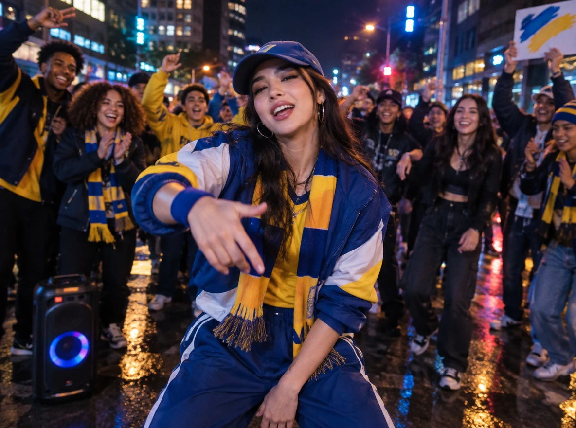 A dynamic young woman dancing in a wet city street at night, energized by a cheering crowd
