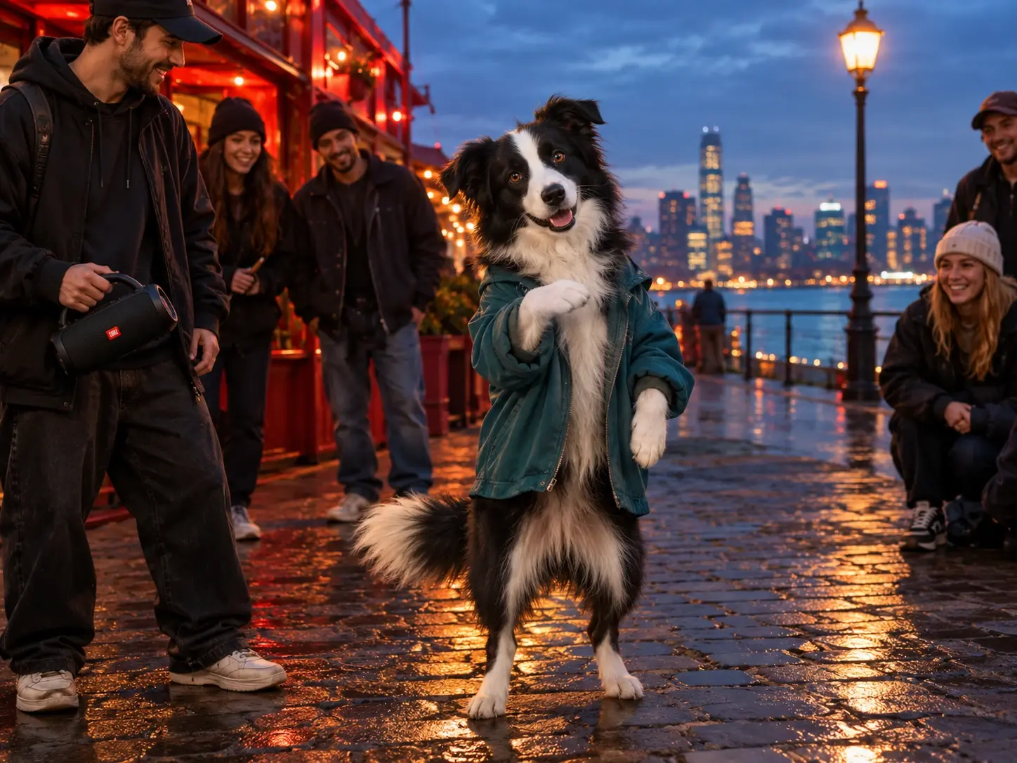 A joyful Border Collie in a jacket dances on its hind legs for a smiling crowd on a wet cobblestone street at dusk.
