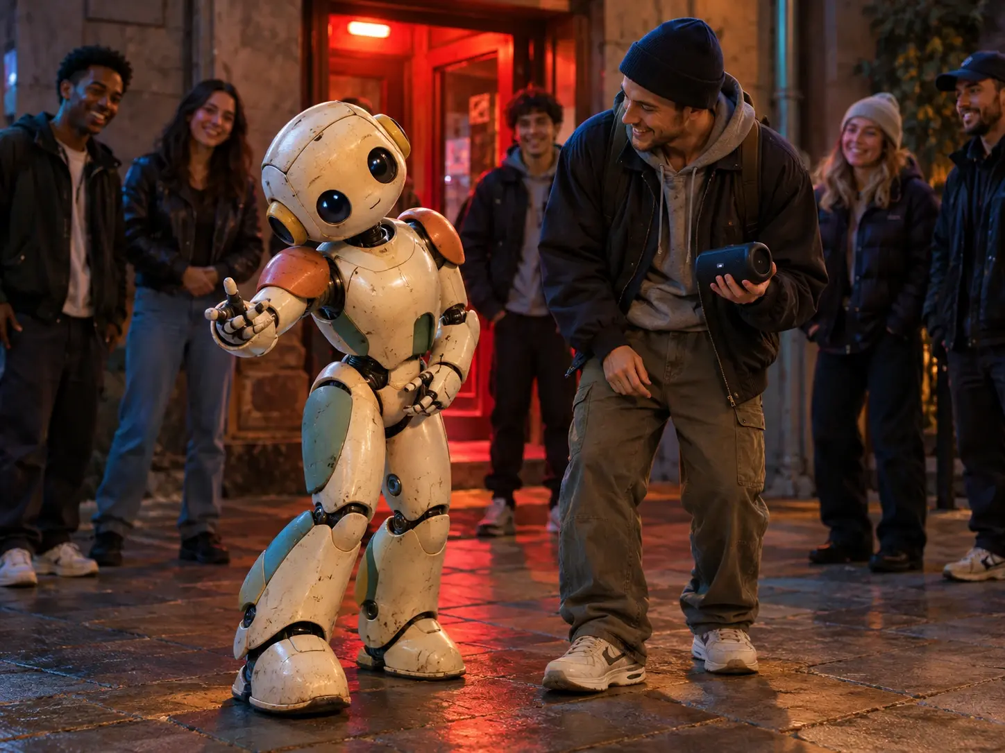 Bulin 47 AI video example of a cute robot character joining the street freestyle