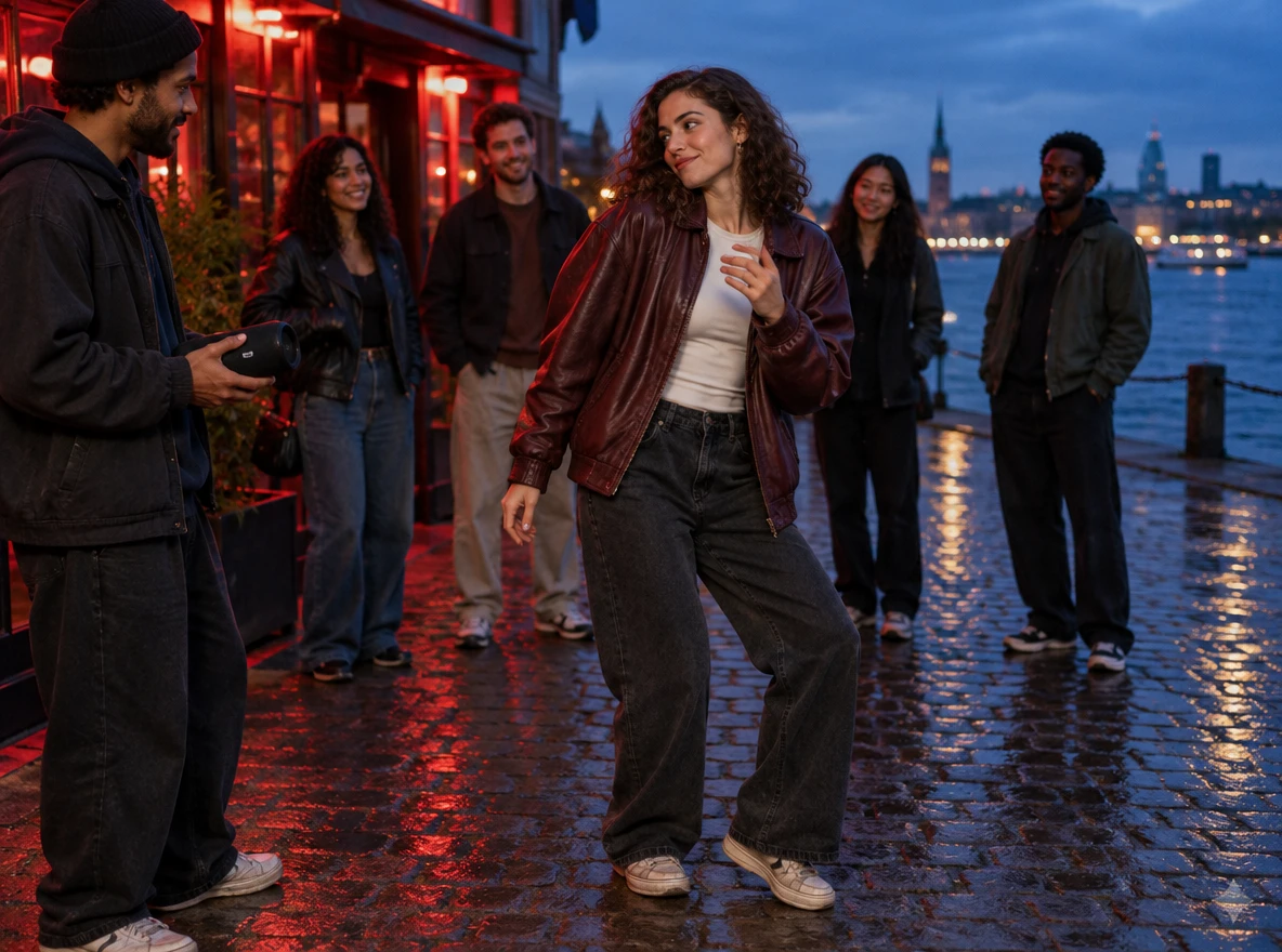 Bulin 47 AI video example of a woman freestyling on a rainy waterfront street