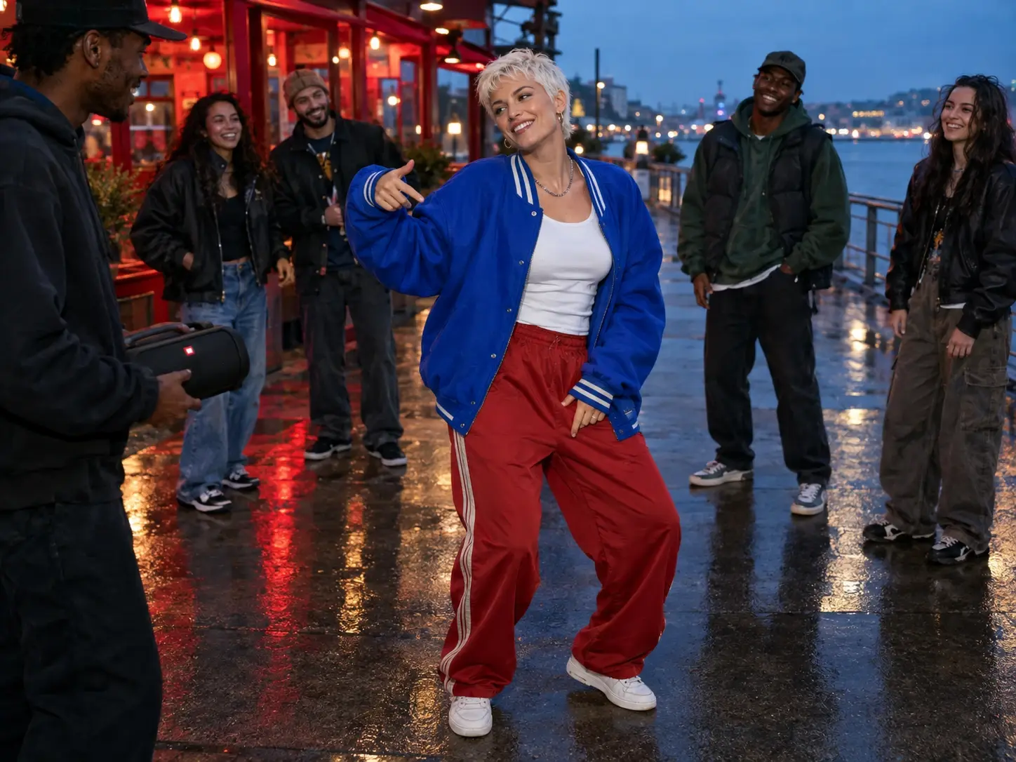 Bulin 47 AI video example of a platinum-haired performer freestyling in a blue varsity jacket