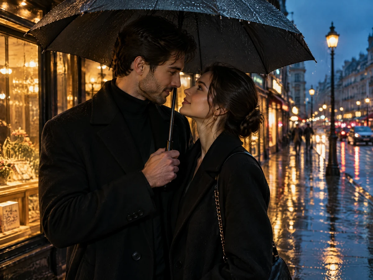 a cinematic photo shows a couple sharing an umbrella