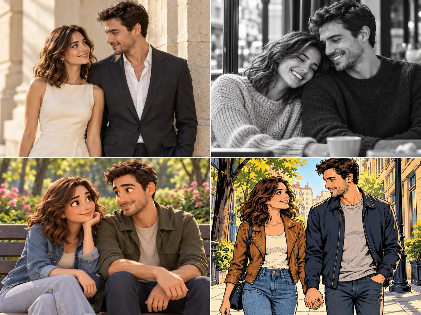 a collage shows ai couple photos in four styles