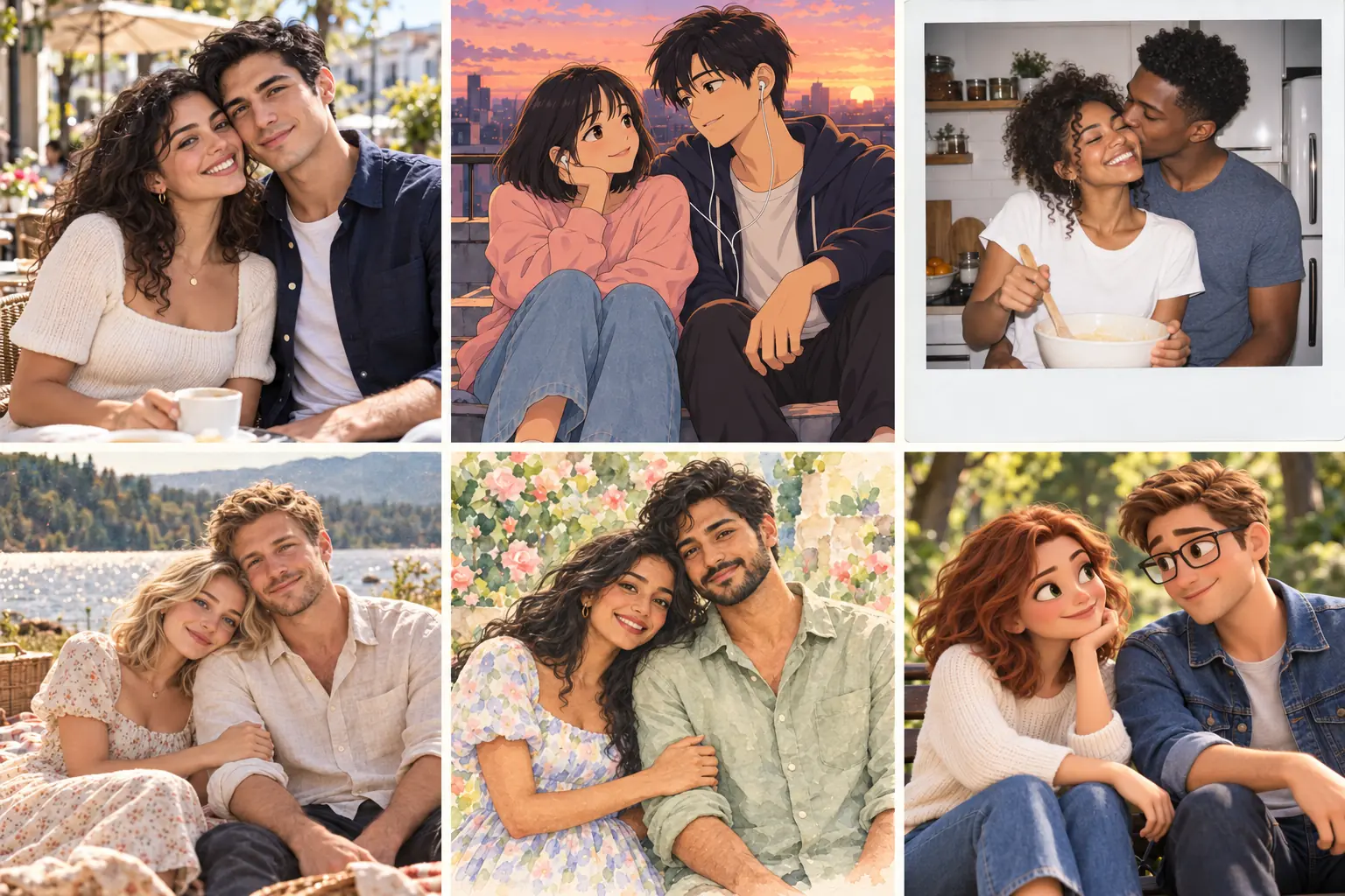 a collage shows ai couple photos in six styles