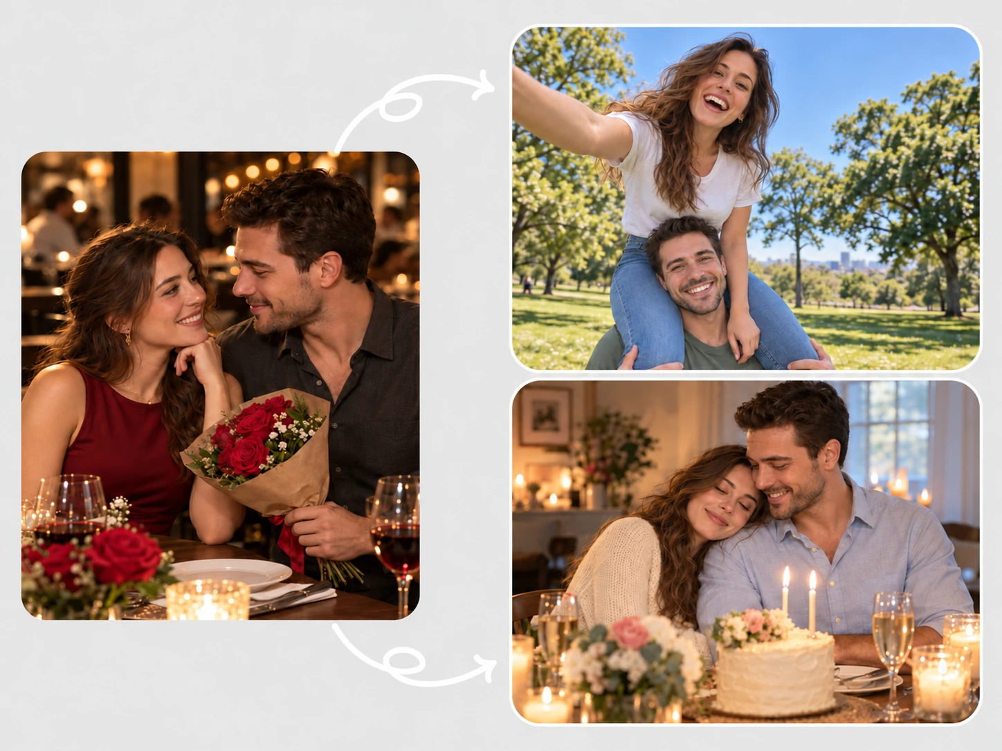 a collage shows romantic couple photos