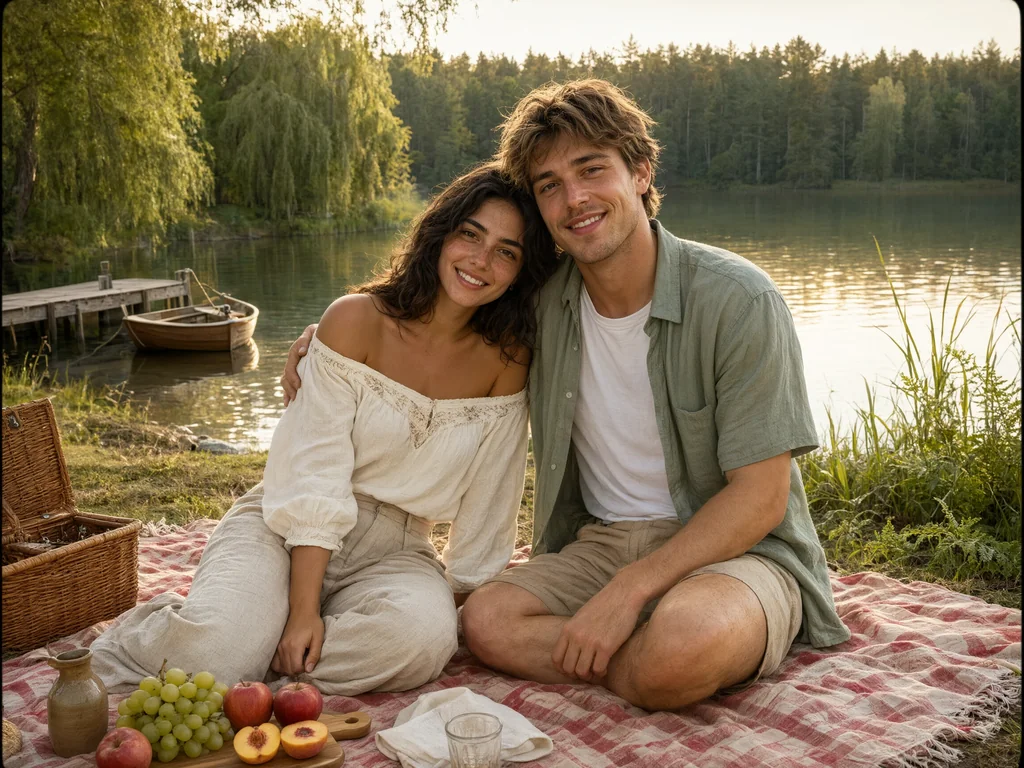 a vintage-style photo shows a couple at a lakeside picnic