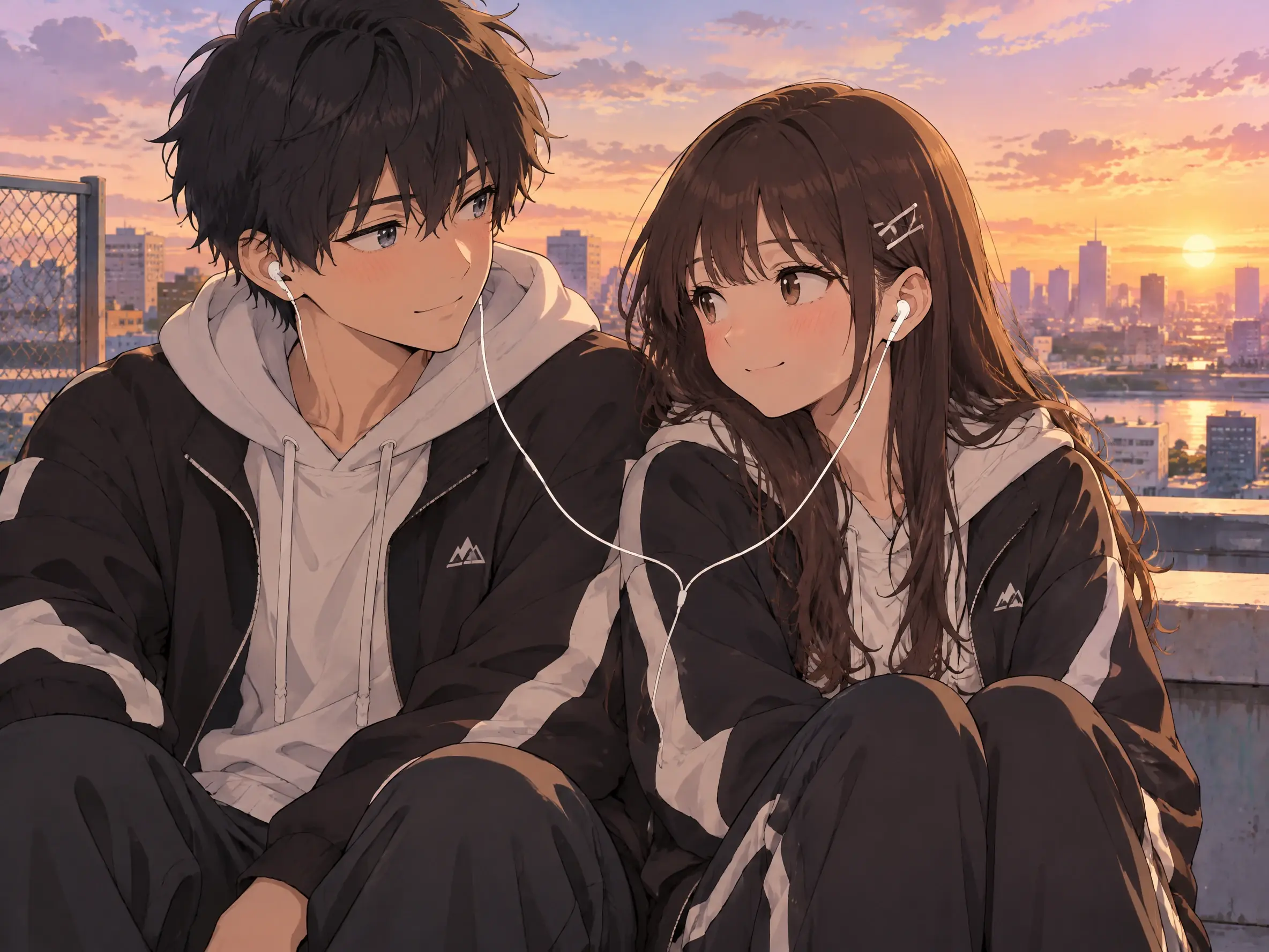 an anime couple shares earbuds at sunset