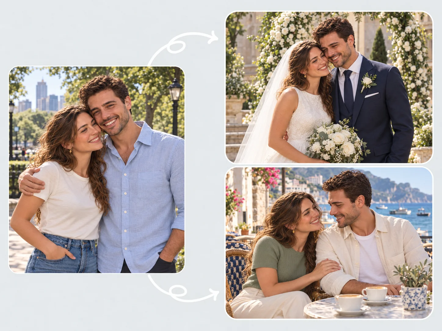 couple photos feature different outfits and backgrounds