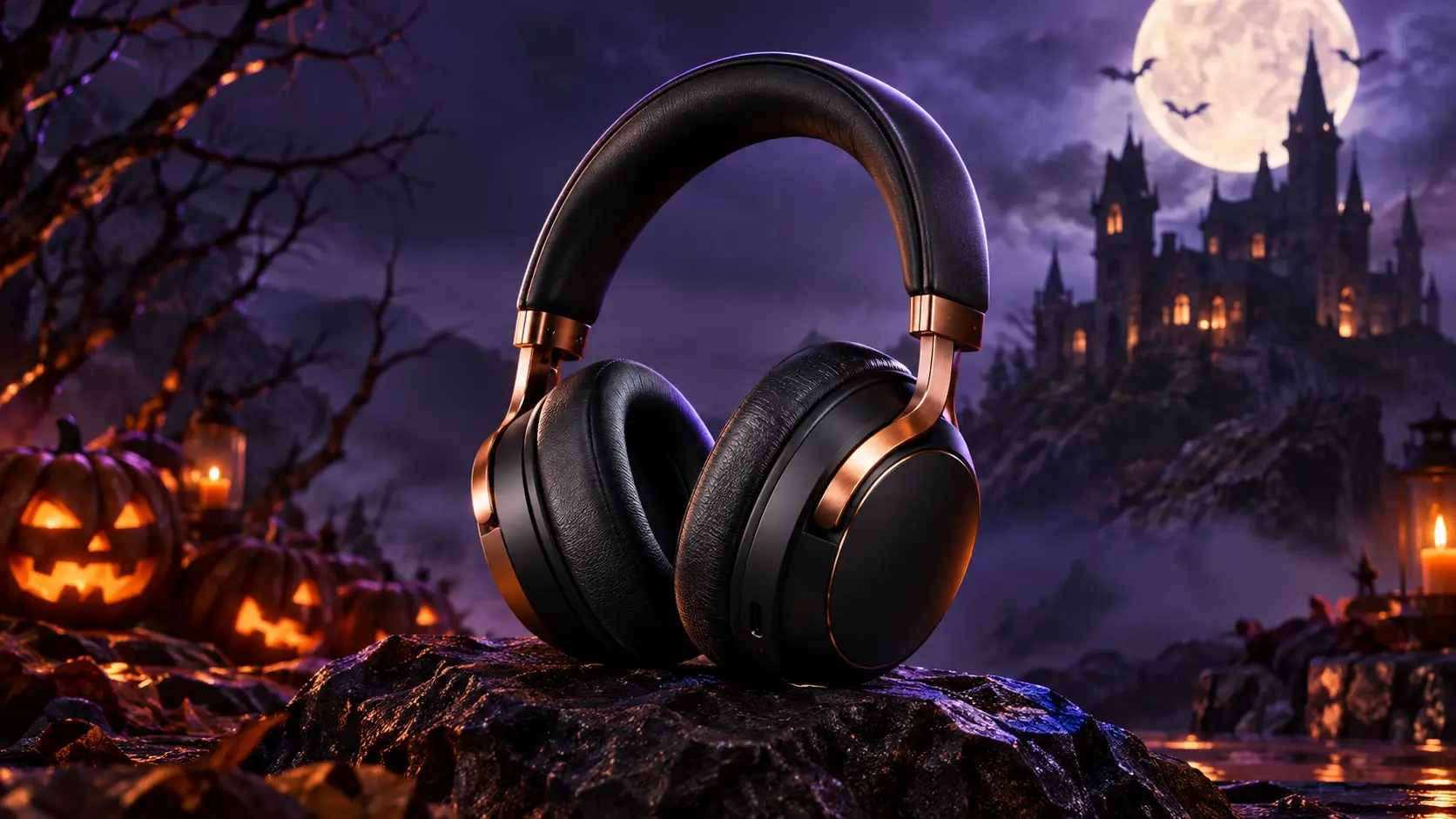 Halloween campaign product advertisement featuring a perfume bottle, glowing pumpkins, purple moonlight, and a spooky graveyard background