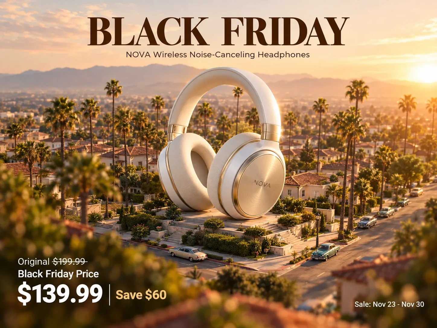Stunning Black Friday deal on NOVA wireless noise-canceling headphones featuring a giant sleek design over a scenic sunset cityscape.