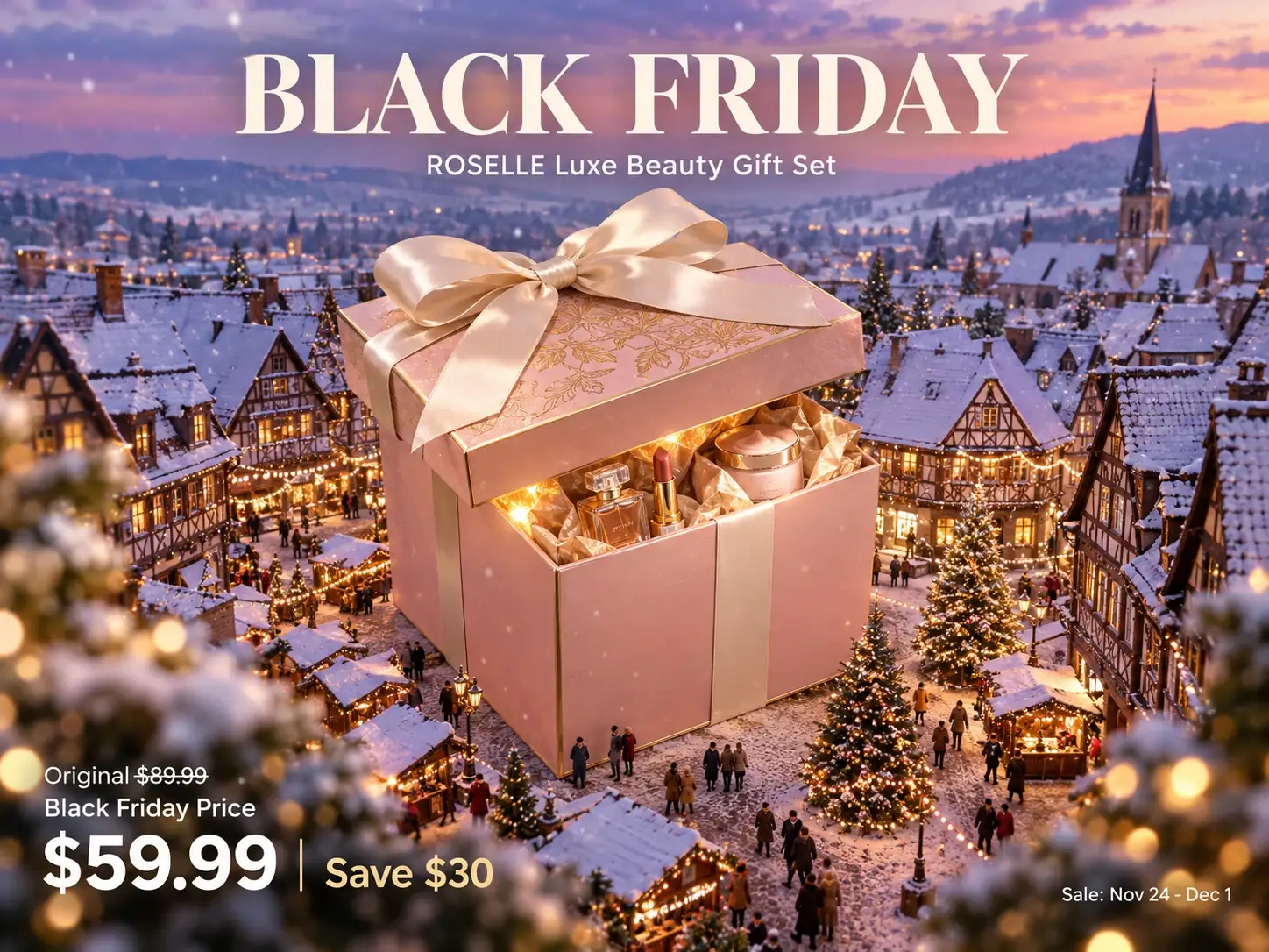 Magical Black Friday offer on ROSELLE luxe beauty gift set set in a charming snowy European holiday village.