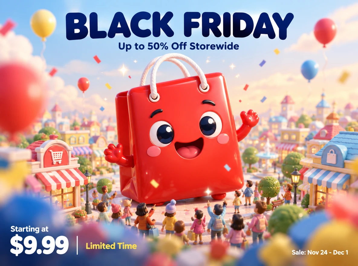 Vibrant Black Friday storewide sale featuring a cheerful red shopping bag mascot in a whimsical miniature town