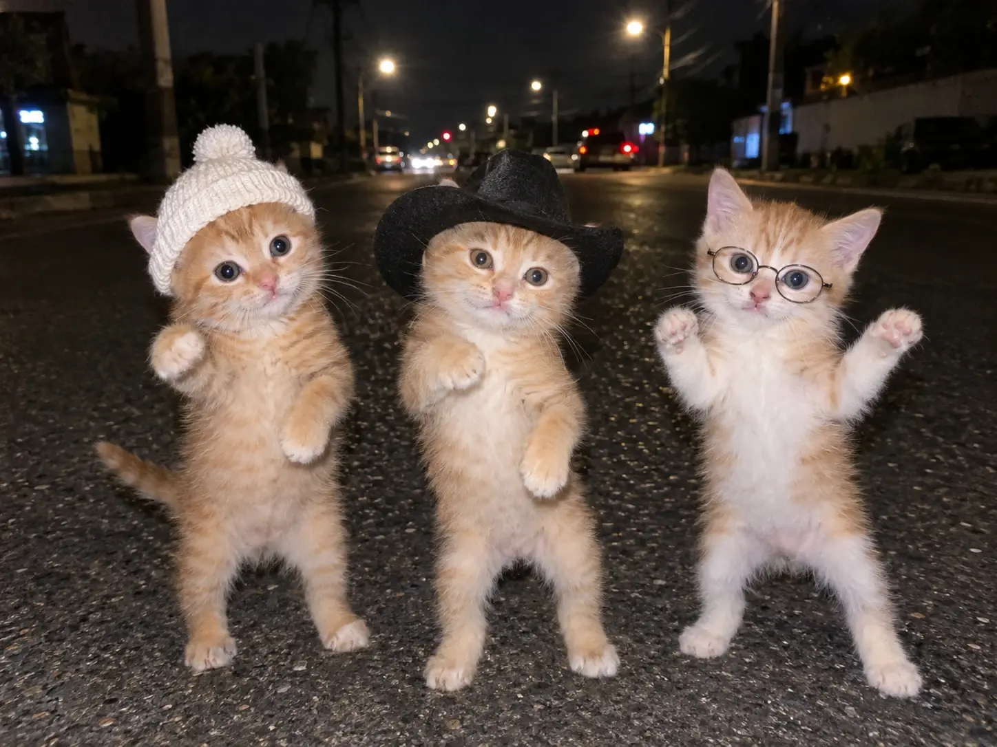 Three kittens in hats dancing La Calabaza on a night street