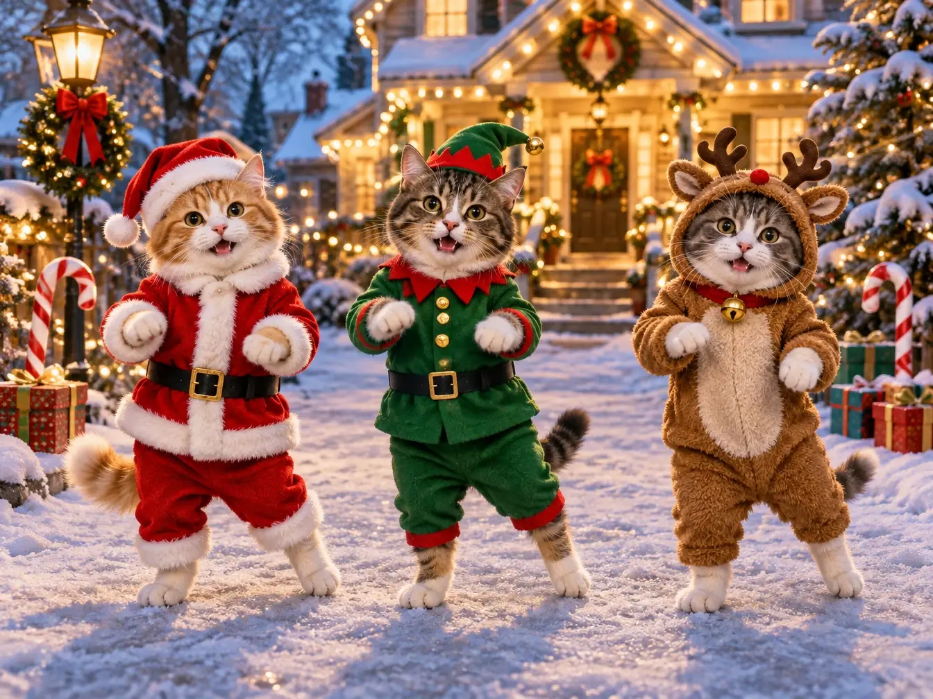 Santa, elf and reindeer cats dancing La Calabaza in the snow