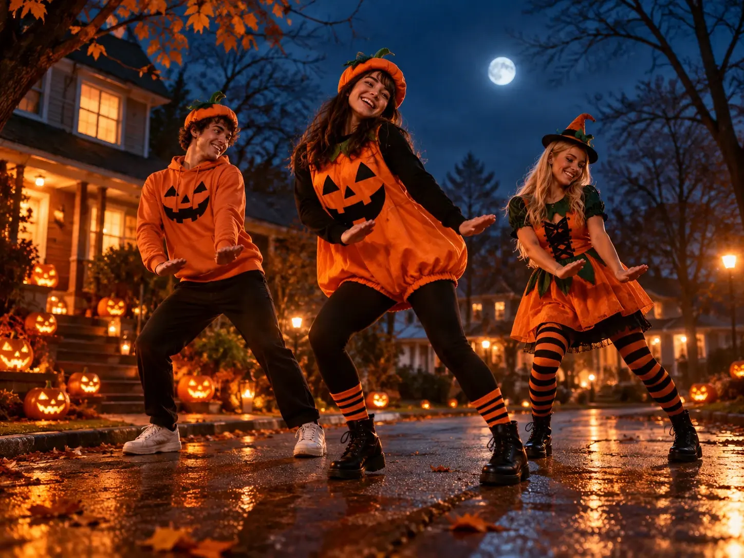 Friends in Halloween costumes dancing La Calabaza under a full moon