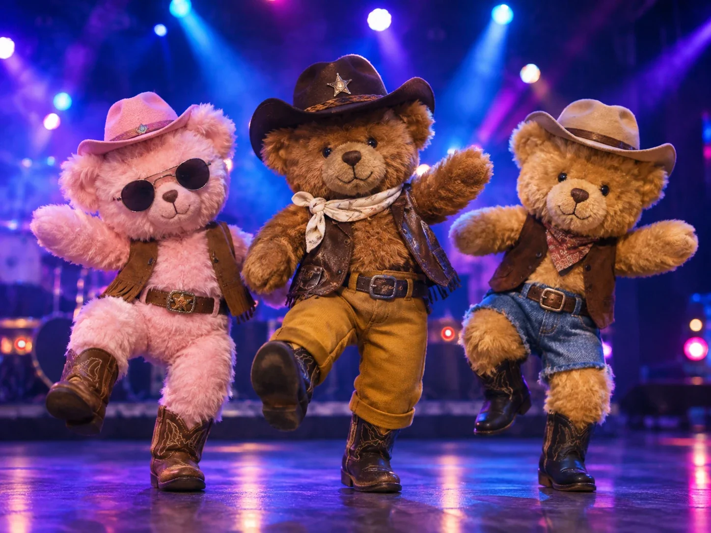 Three cowboy teddy bears dancing La Calabaza on a neon-lit stage