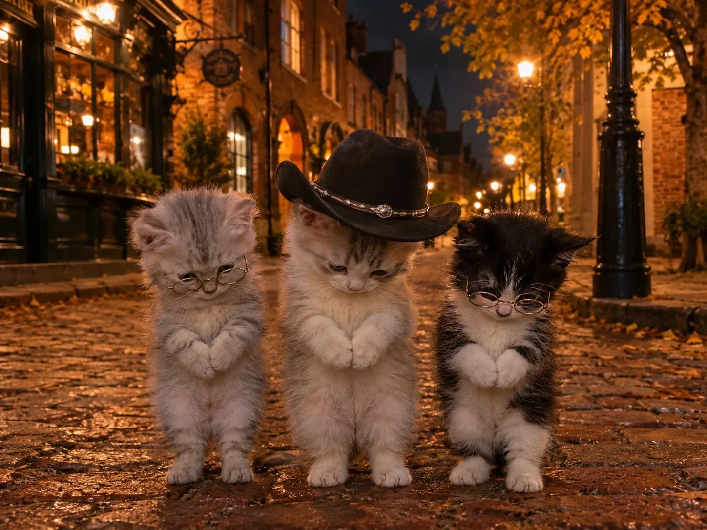 Three kittens in glasses and a cowboy hat posing for La Calabaza on a cobblestone street