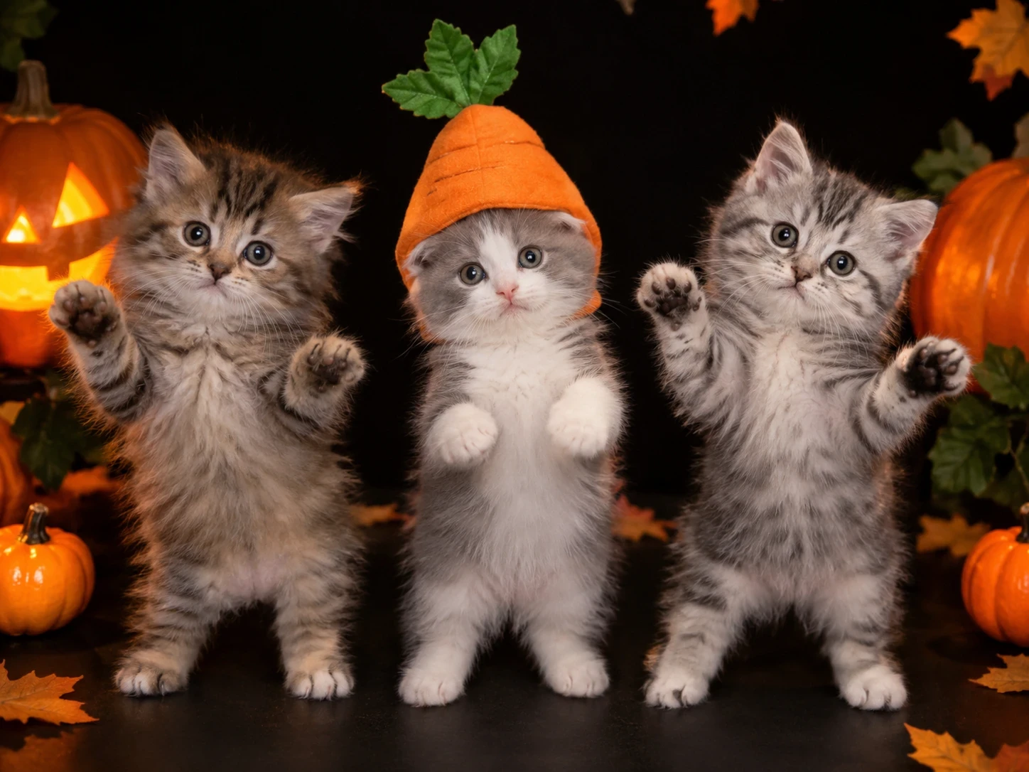 Three kittens with pumpkins and a carrot hat dancing La Calabaza
