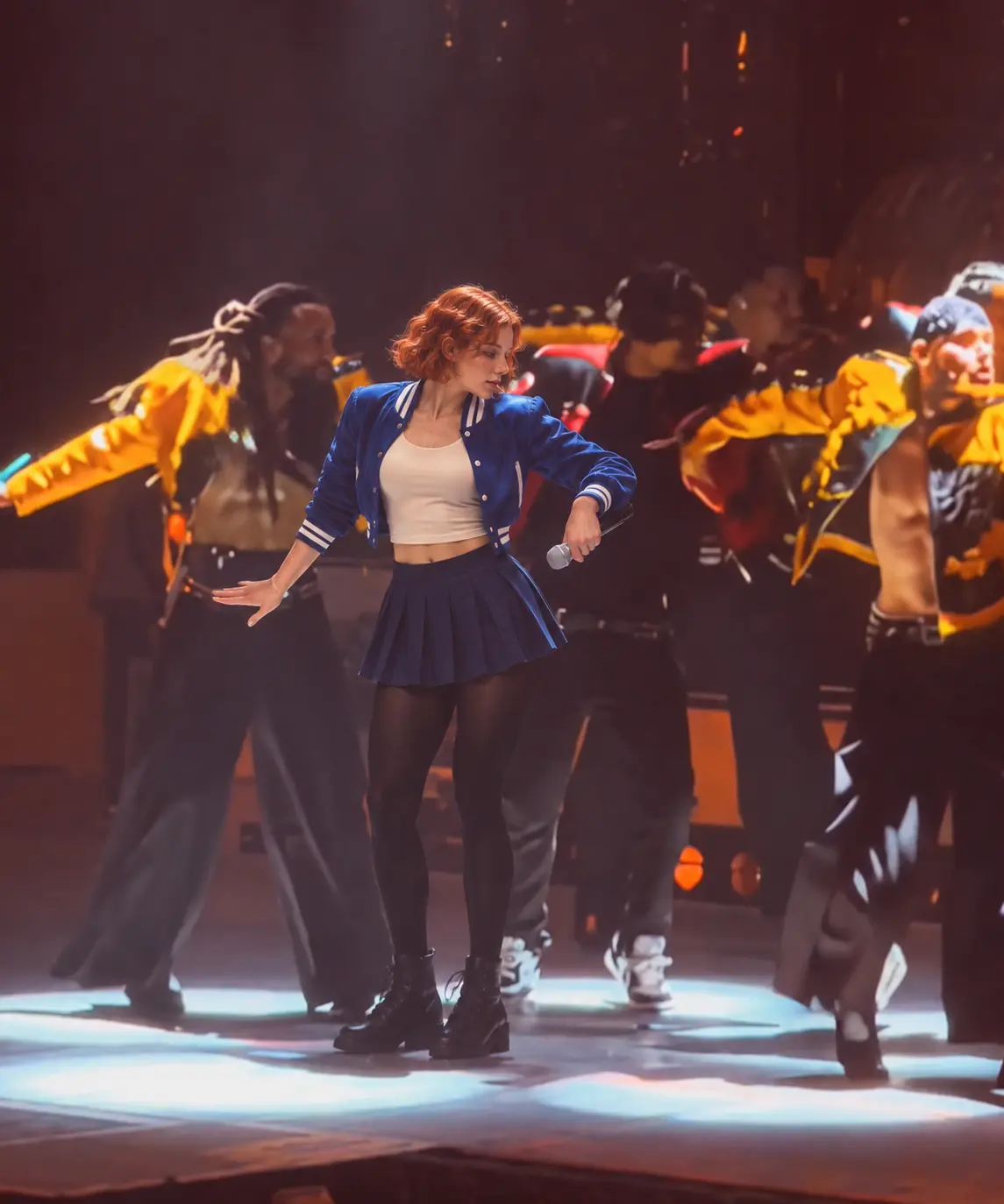 Create an AI “talk dirty” dance video featuring a blue, college-style girl as the character