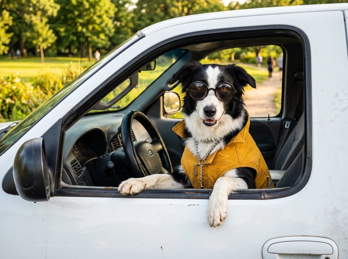 一隻邊境牧羊犬戴著圓框墨鏡、穿著芥末黃背心、戴著銀色項鍊,坐在白色皮卡車的駕駛座上,一隻爪子搭著方向盤,另一隻垂在窗外。