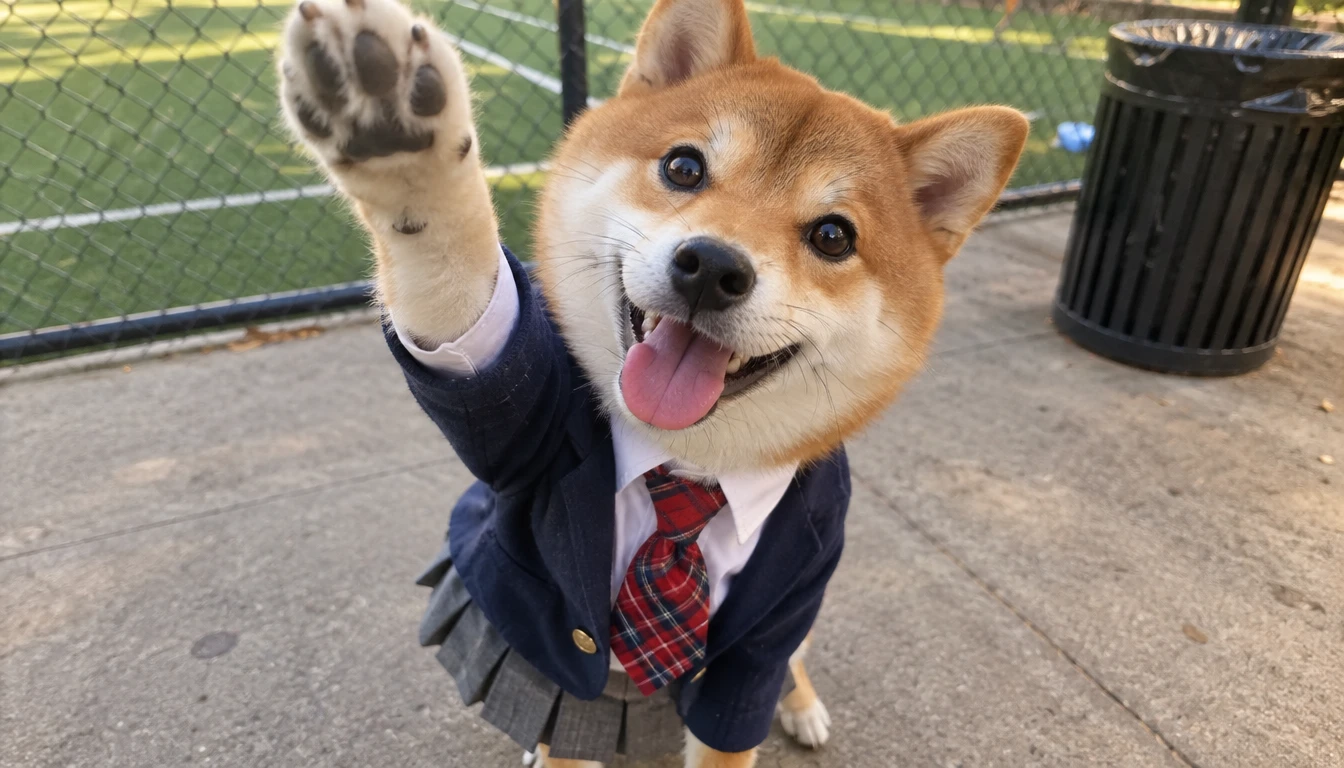 Image of a Shiba Inu wearing a school uniform