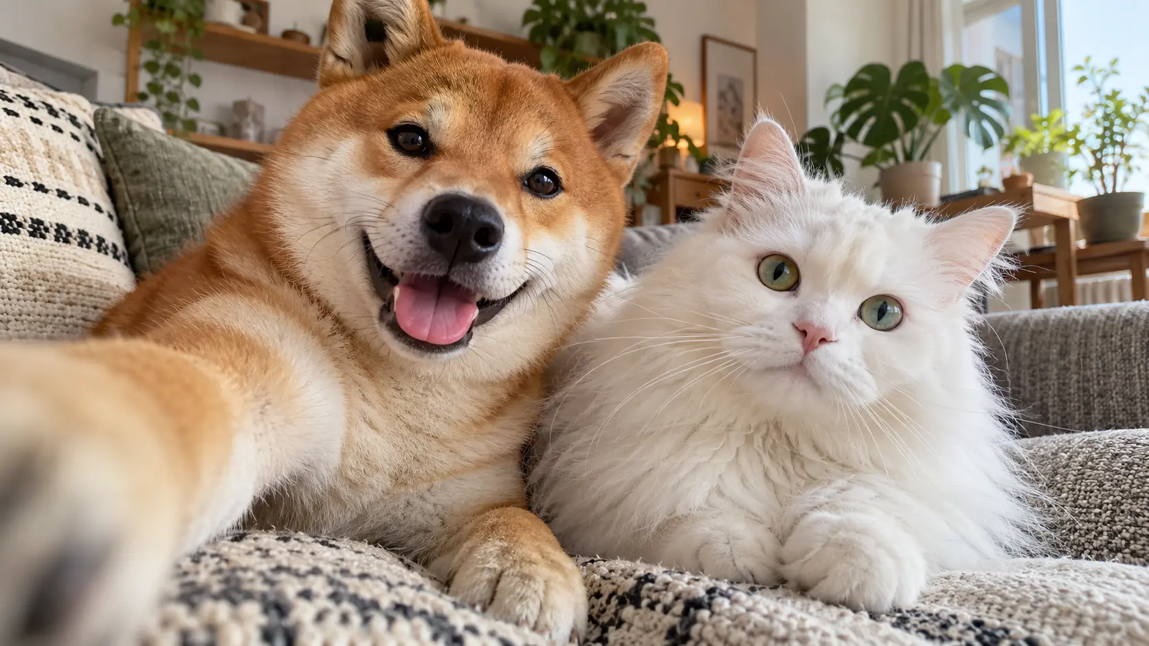 A Selfie of Best Friends, a Cat and a Dog