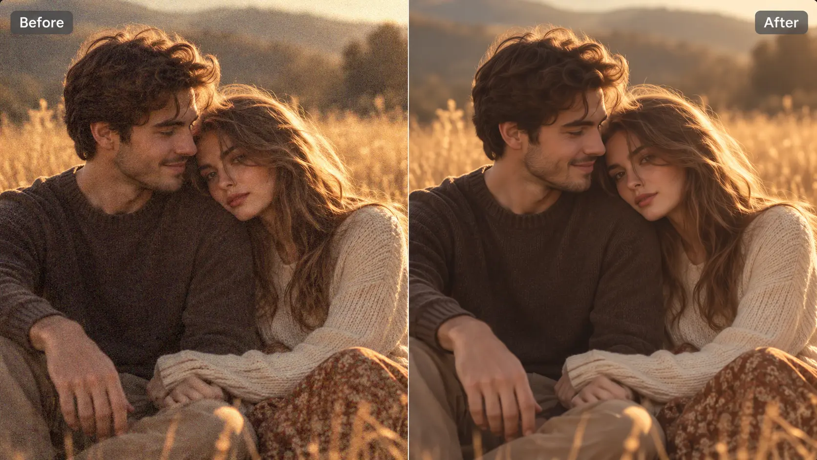before and after denoising a couple’s photo in a golden autumn meadow